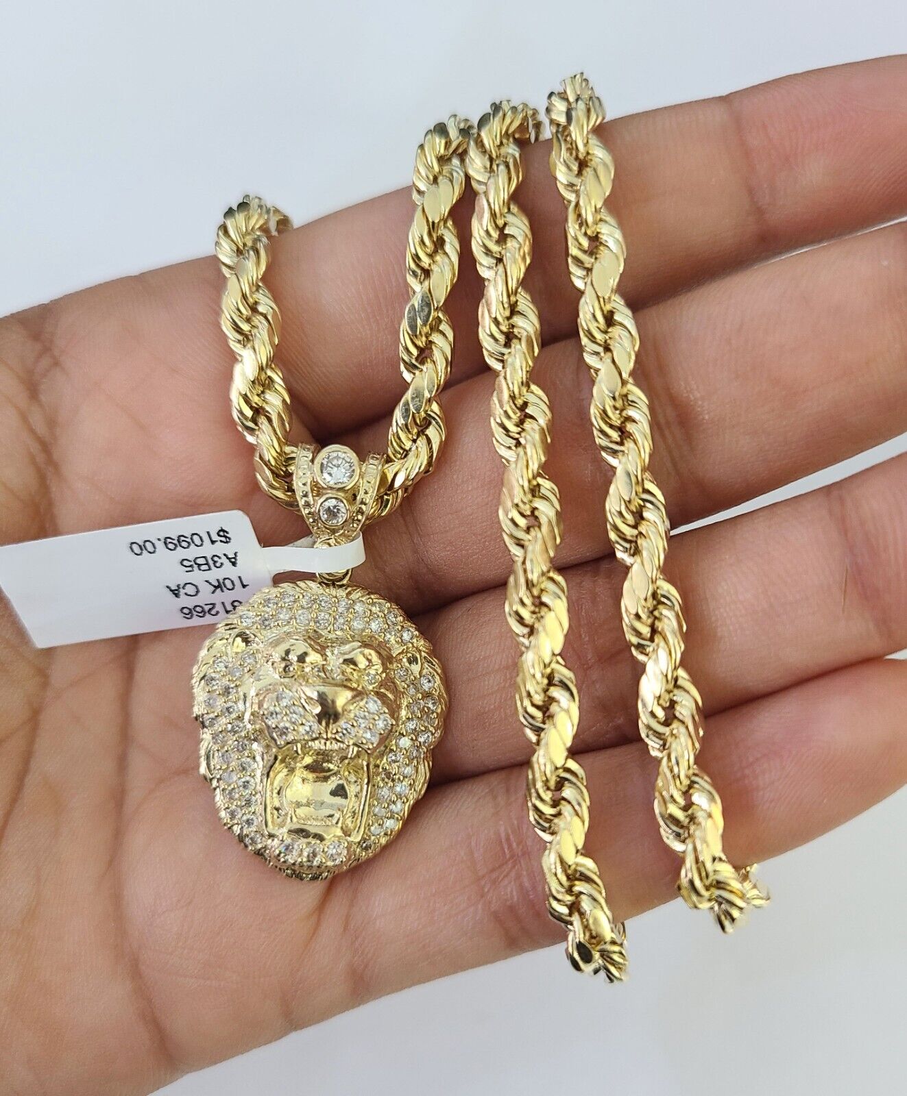 Real 10k Rope Chain RoaringLion Charm Necklace Pendant Set 5mm 20" - 30" Inch Gold - Reva Jeweler