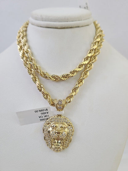 Real 10k Rope Chain RoaringLion Charm Necklace Pendant Set 5mm 20" - 30" Inch Gold - Reva Jeweler