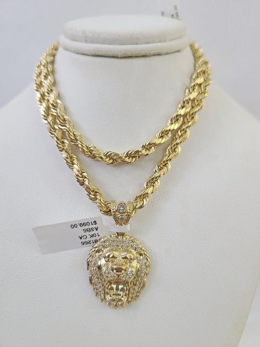 Real 10k Rope Chain RoaringLion Charm Necklace Pendant Set 5mm 20" - 30" Inch Gold - Reva Jeweler