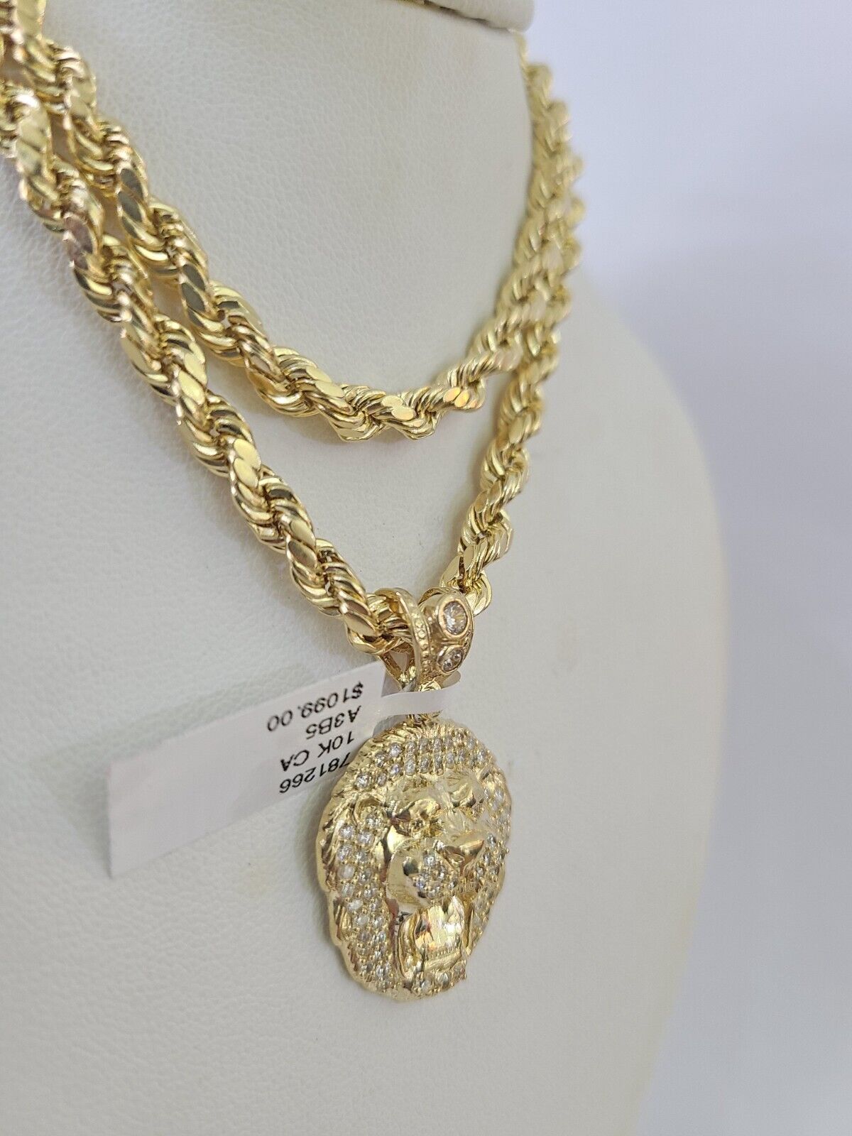 Real 10k Rope Chain RoaringLion Charm Necklace Pendant Set 5mm 20" - 30" Inch Gold - Reva Jeweler