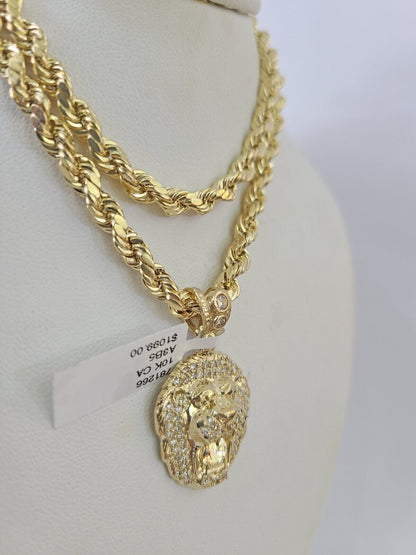 Real 10k Rope Chain RoaringLion Charm Necklace Pendant Set 5mm 20" - 30" Inch Gold - Reva Jeweler