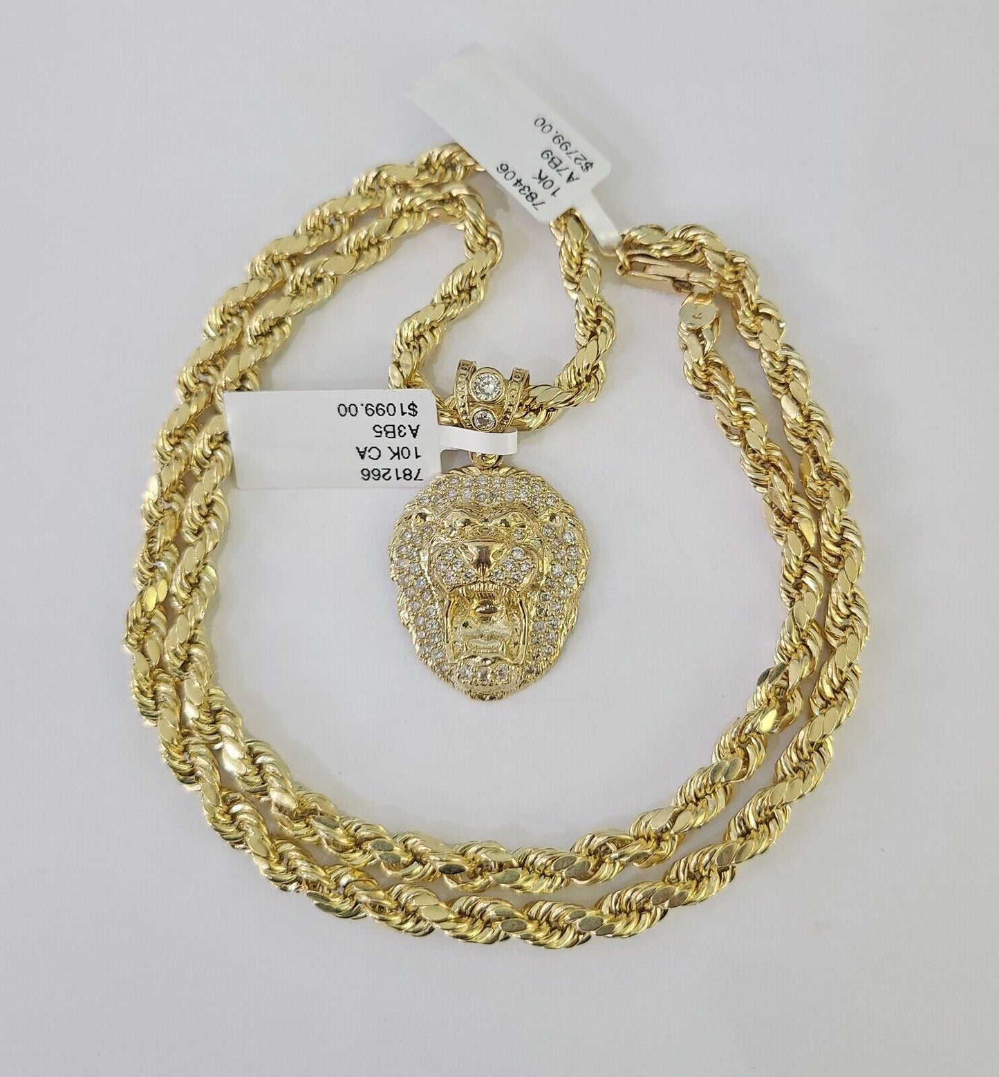 Real 10k Rope Chain RoaringLion Charm Necklace Pendant Set 5mm 20" - 30" Inch Gold - Reva Jeweler