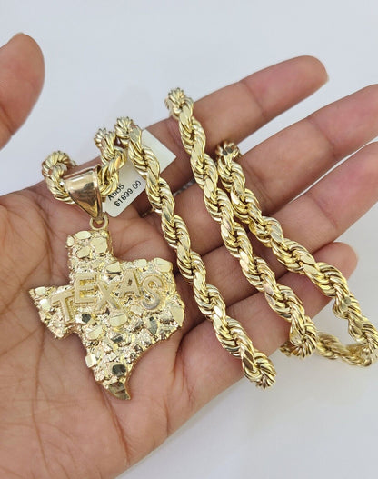 Real 10k Rope Chain Texas Map Charm Set 7mm 20" - 28" Inch Necklace Gold - Reva Jeweler