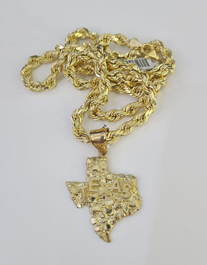 Real 10k Rope Chain Texas Map Charm Set 7mm 20" - 28" Inch Necklace Gold - Reva Jeweler