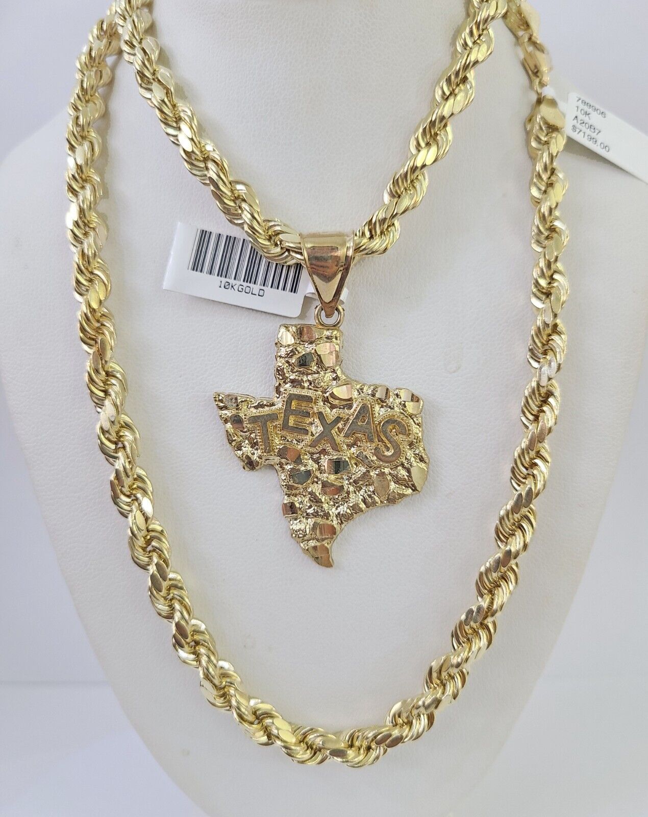 Real 10k Rope Chain Texas Map Charm Set 7mm 20" - 28" Inch Necklace Gold - Reva Jeweler