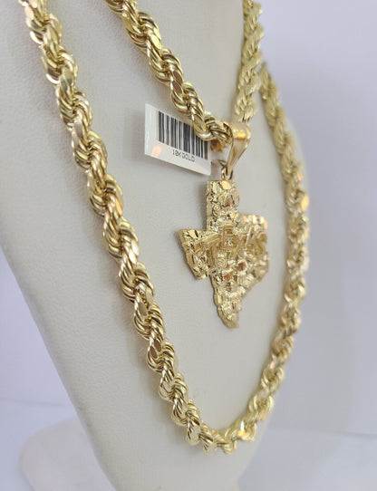 Real 10k Rope Chain Texas Map Charm Set 7mm 20" - 28" Inch Necklace Gold - Reva Jeweler