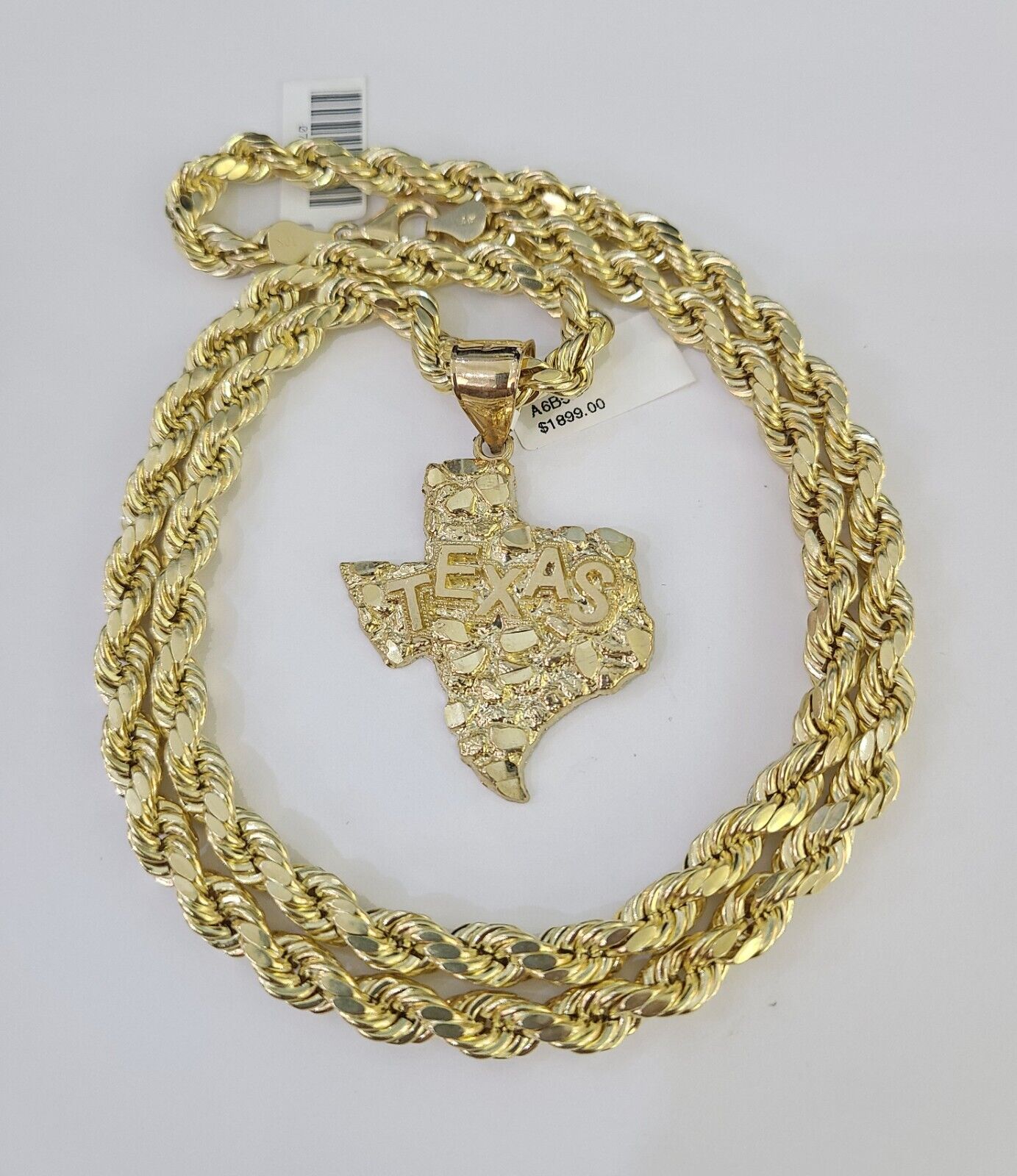 Real 10k Rope Chain Texas Map Charm Set 7mm 20" - 28" Inch Necklace Gold - Reva Jeweler