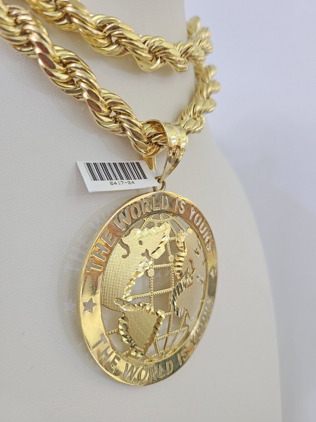 Real 10k Rope Chain World is Yours Charm Set 10mm 20" - 30" Inch Necklace Gold - Reva Jeweler