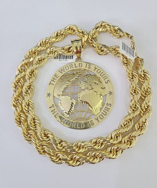 Real 10k Rope Chain World is Yours Charm Set 10mm 20" - 30" Inch Necklace Gold - Reva Jeweler