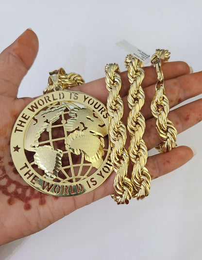 Real 10k Rope Chain World is Yours Charm Set 10mm 20" - 30" Inch Necklace Gold - Reva Jeweler