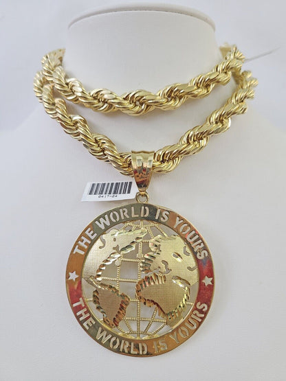 Real 10k Rope Chain World is Yours Charm Set 10mm 20" - 30" Inch Necklace Gold - Reva Jeweler