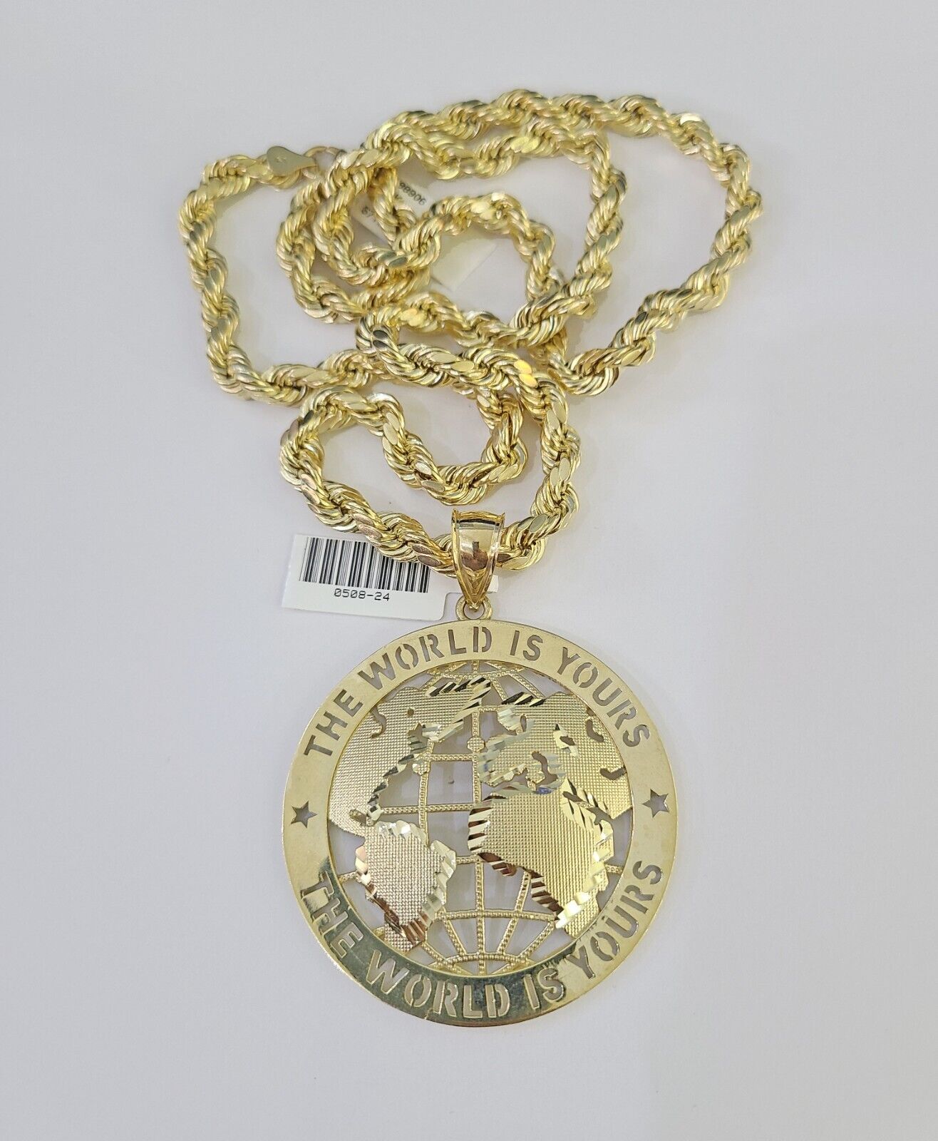 Real 10k Rope Chain World is Yours Charm Set 7mm 20" - 28" Inch Necklace Gold - Reva Jeweler