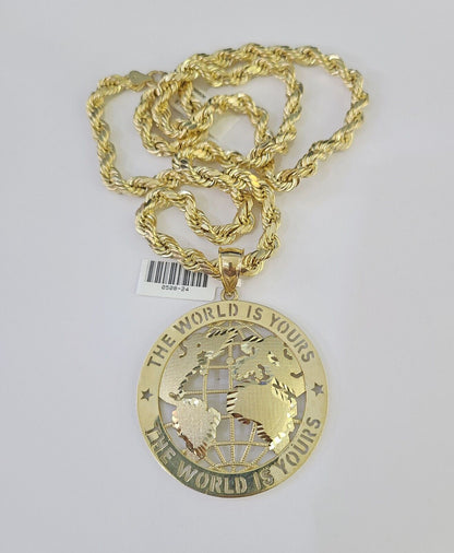 Real 10k Rope Chain World is Yours Charm Set 7mm 20" - 28" Inch Necklace Gold - Reva Jeweler