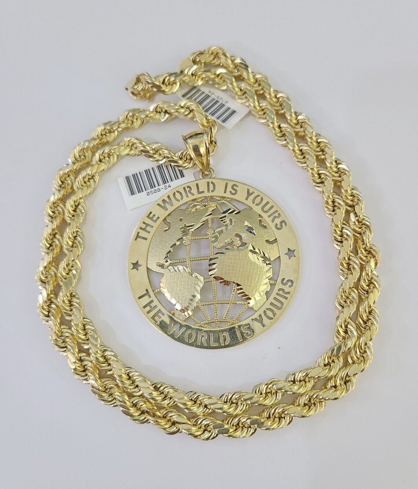 Real 10k Rope Chain World is Yours Charm Set 7mm 20" - 28" Inch Necklace Gold - Reva Jeweler