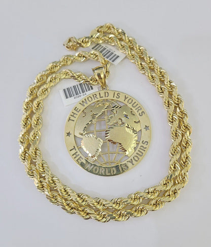 Real 10k Rope Chain World is Yours Charm Set 7mm 20" - 28" Inch Necklace Gold - Reva Jeweler