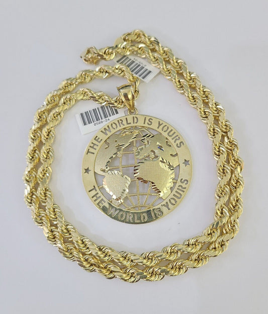 Real 10k Rope Chain World is Yours Charm Set 7mm 20" - 28" Inch Necklace Gold - Reva Jeweler