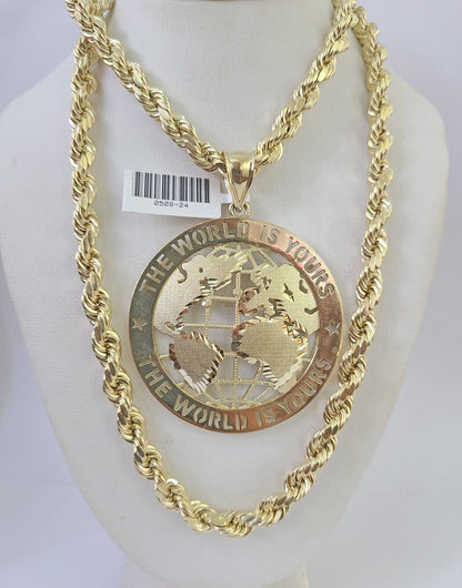 Real 10k Rope Chain World is Yours Charm Set 7mm 20" - 28" Inch Necklace Gold - Reva Jeweler