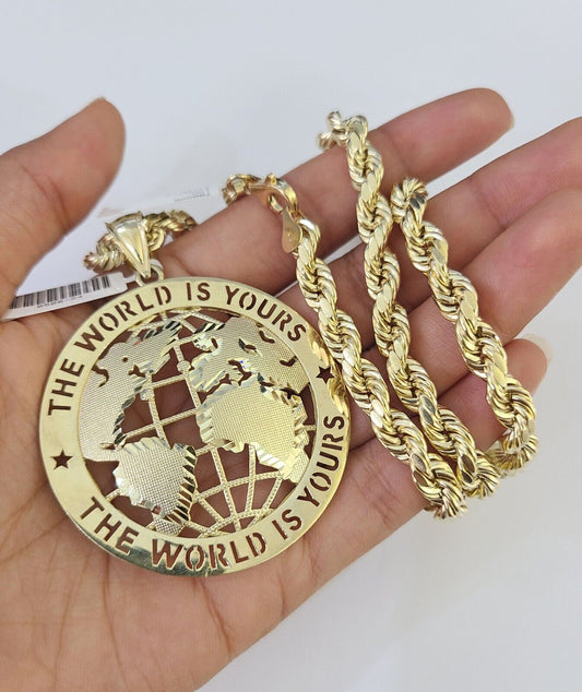 Real 10k Rope Chain World is Yours Charm Set 7mm 20" - 28" Inch Necklace Gold - Reva Jeweler