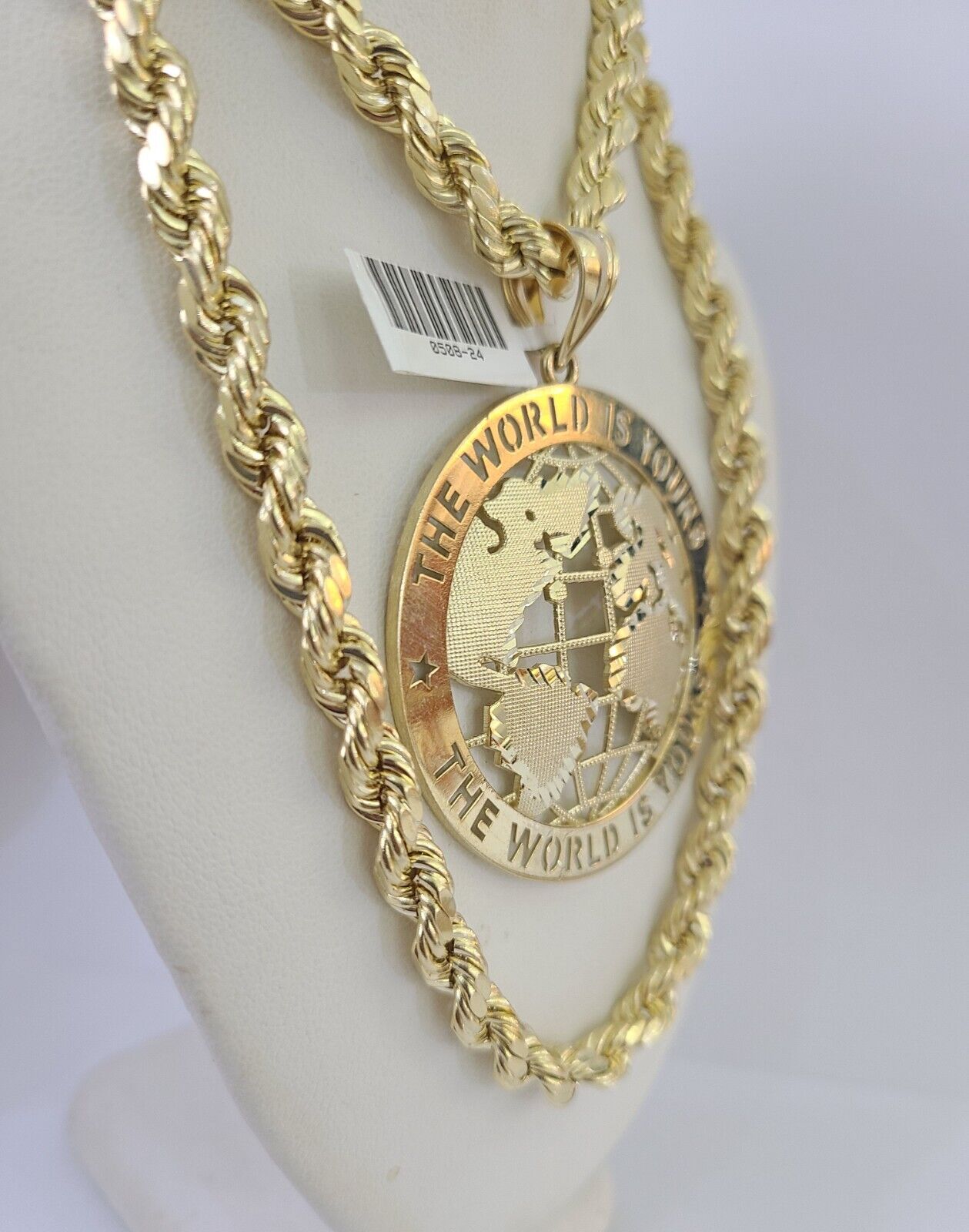Real 10k Rope Chain World is Yours Charm Set 7mm 20" - 28" Inch Necklace Gold - Reva Jeweler