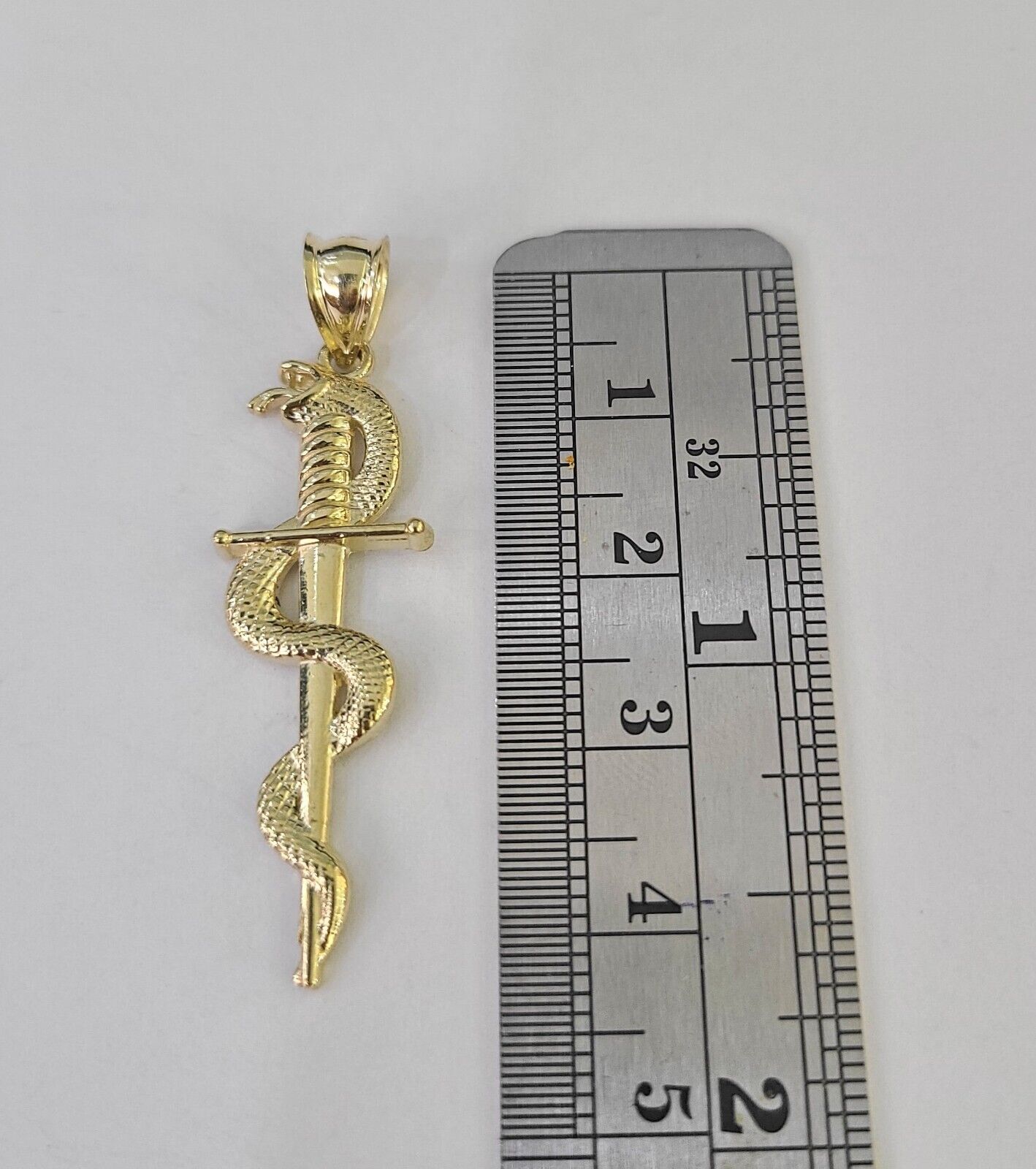Real 10K Snake Sword Pendant 1.5" Yellow Gold Charm Veterinarian Caduceus - GoldenlinQ