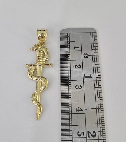 Real 10K Snake Sword Pendant 1.5" Yellow Gold Charm Veterinarian Caduceus - GoldenlinQ