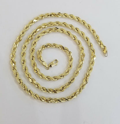 REAL 10k SOLID Gold Rope Chain 4mm 24" Yellow Gold Necklace Diamond Cuts Unisex - Reva Jeweler