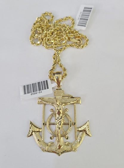 Real 10k Solid Rope Chain Jesus Anchor Charm Set 3mm 20" - 30" Inch Necklace Gold - GoldenlinQ
