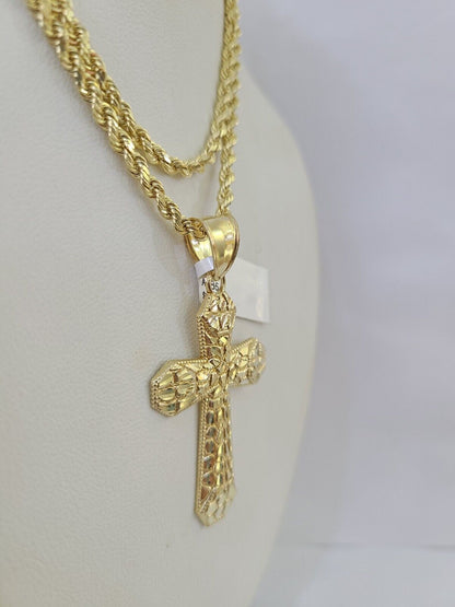 Real 10k Solid Rope Chain Jesus Cross Charm Set 3mm 20" - 30" Inch Necklace Gold - GoldenlinQ