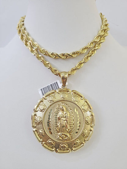 Real 10k Solid Rope Chain Jesus Virgin Mary Charm Set 6mm 20" - 30" Inch Necklace - GoldenlinQ