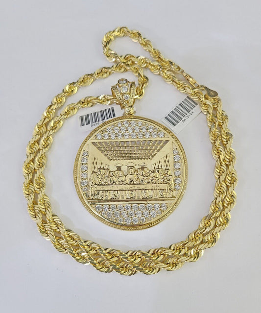 Real 10k Solid Rope Chain Last Supper Charm Set 6mm 20" - 30" Inch Necklace Gold - GoldenlinQ