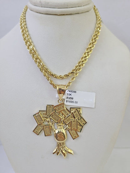 Real 10k Solid Rope Chain Money Tree Charm Set 3mm 20" - 30" Inch Necklace Gold - GoldenlinQ