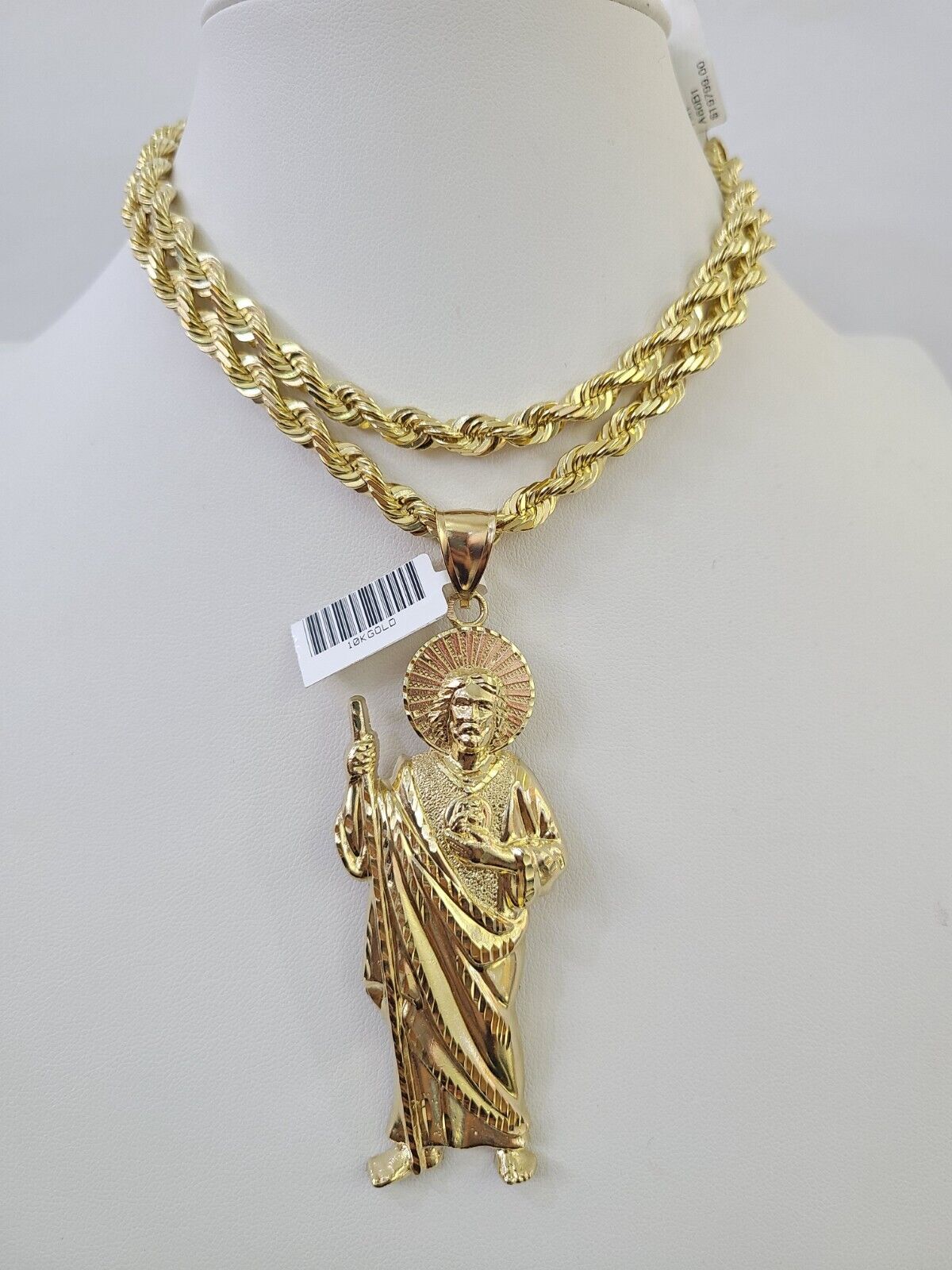 Real 10k Solid Rope Chain Saint Jude Charm Set 6mm 20" - 30" Inch Necklace Gold - GoldenlinQ