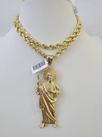 Real 10k Solid Rope Chain Saint Jude Charm Set 6mm 20" - 30" Inch Necklace Gold - GoldenlinQ