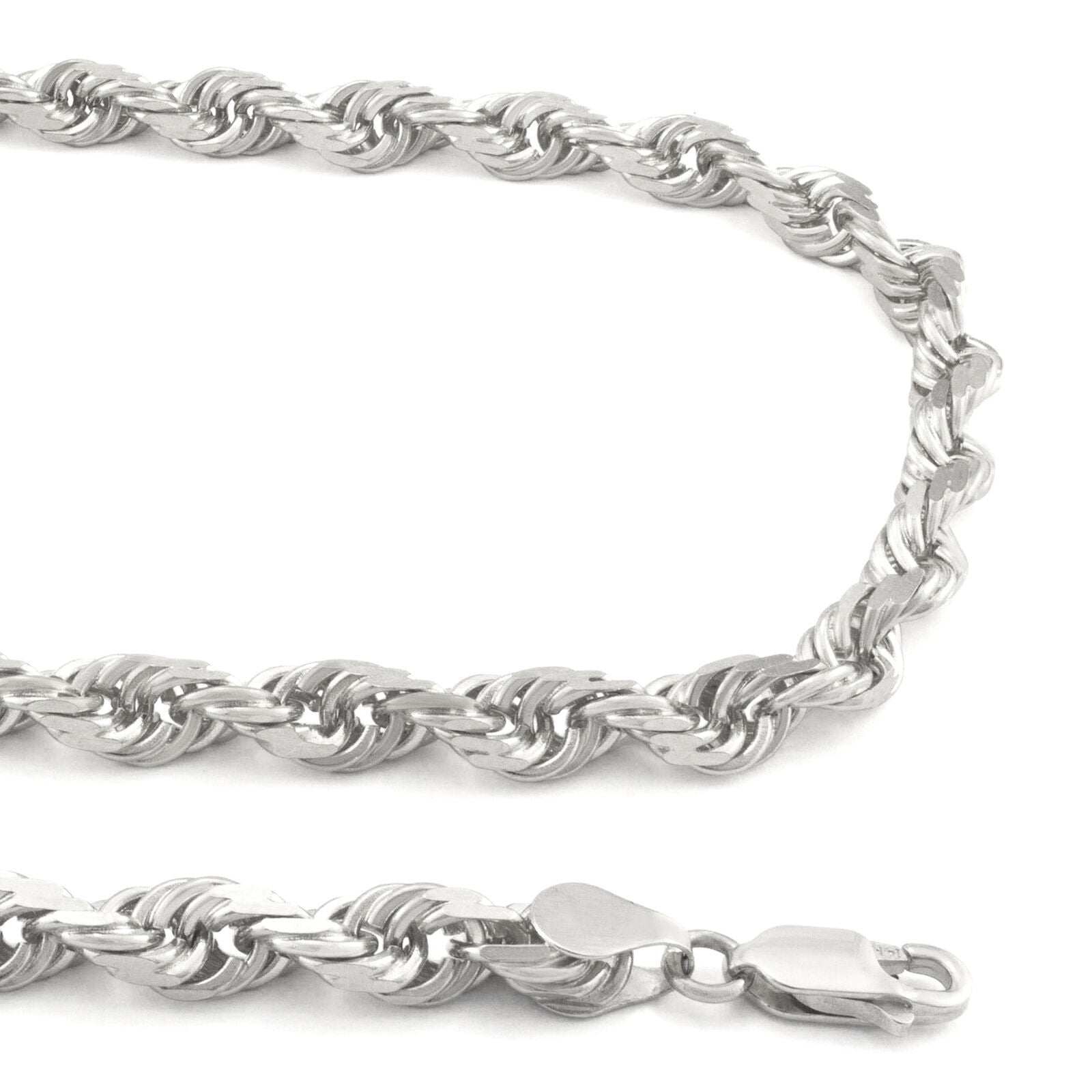 Real 10K Solid White Gold Rope Chain 6mm Necklace 22'' Inches Lobster Lock 10kt - Reva Jeweler