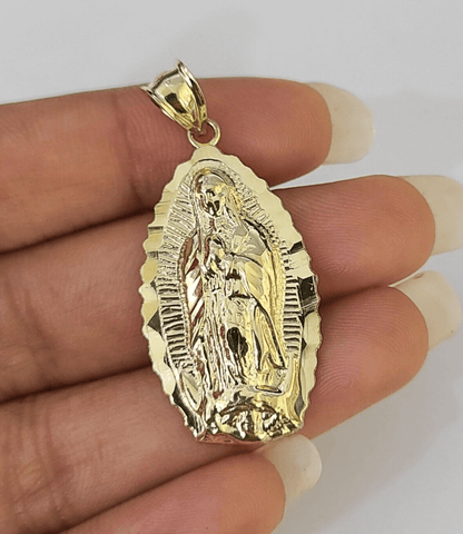 Real 10K Virgin Mary Pendent Charm 10kt Yellow Gold 1.5" Oval Holy Mother - GoldenlinQ