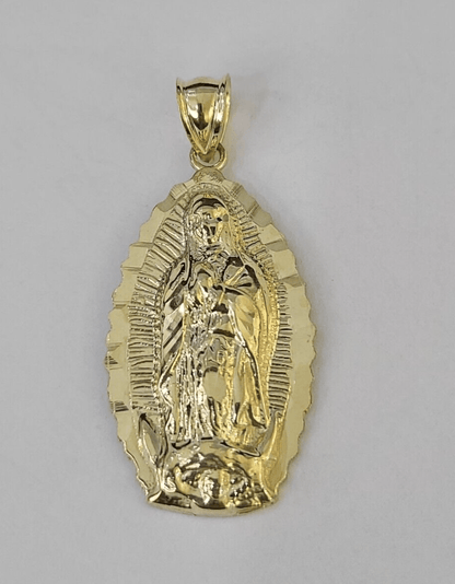 Real 10K Virgin Mary Pendent Charm 10kt Yellow Gold 1.5" Oval Holy Mother - GoldenlinQ