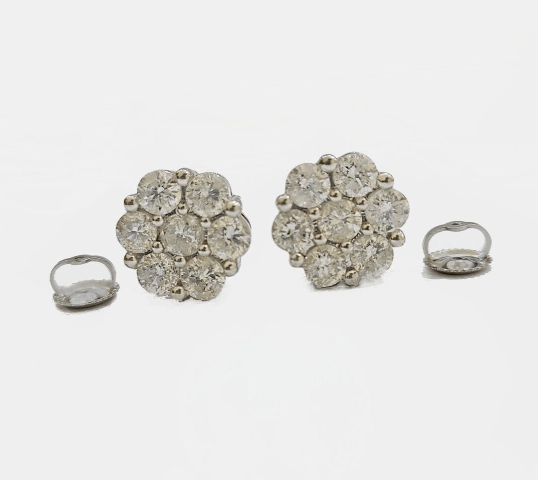Real 10k White Gold Earring Stud Diamond 3.39CT Round Design Unisex Screw Back - Reva Jeweler