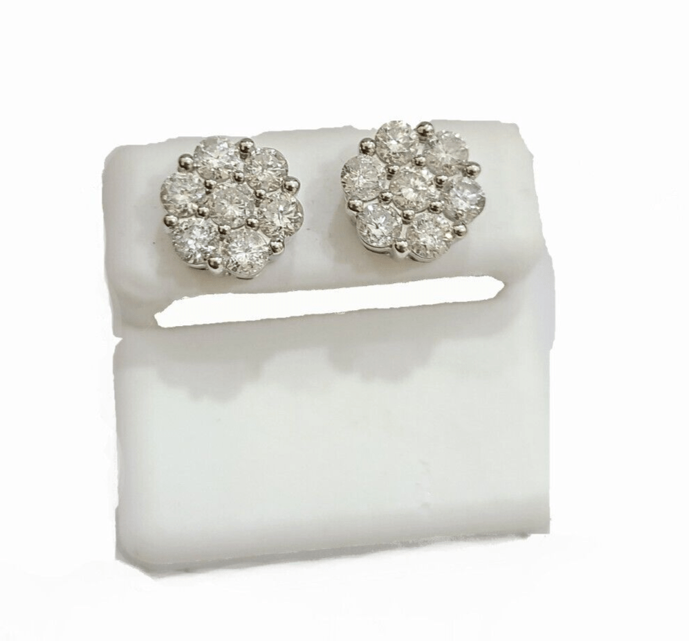 Real 10k White Gold Earring Stud Diamond 3.39CT Round Design Unisex Screw Back - Reva Jeweler