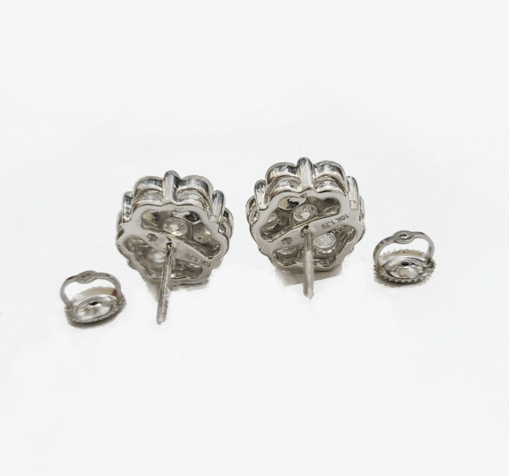 Real 10k White Gold Earring Stud Diamond 3.39CT Round Design Unisex Screw Back - Reva Jeweler