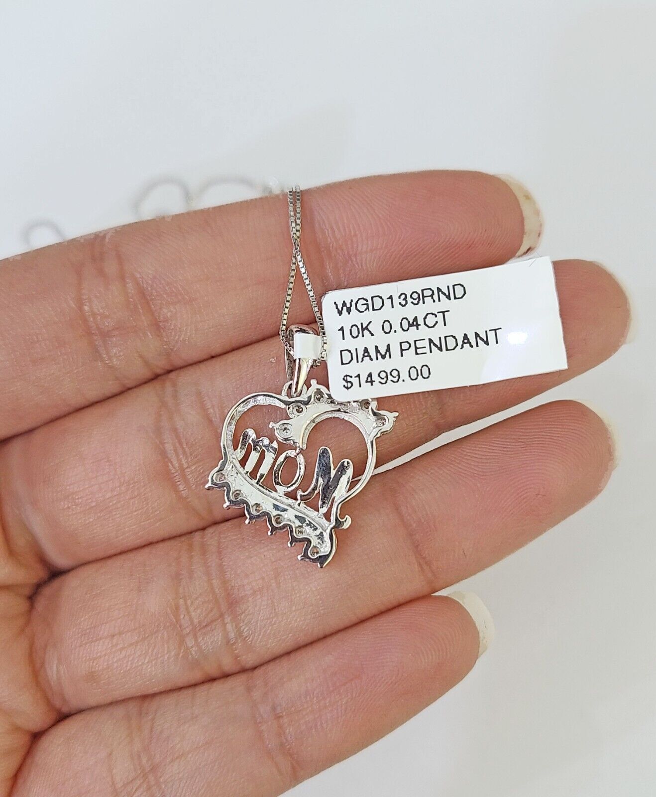 Real 10k White Gold Heart Diamond Mom Pendant Box Chain Necklace Set Women - Reva Jeweler