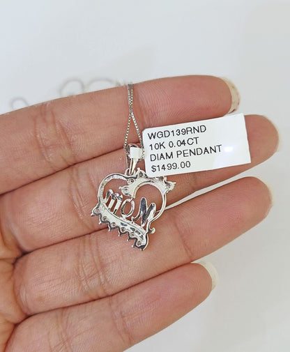 Real 10k White Gold Heart Diamond Mom Pendant Box Chain Necklace Set Women - Reva Jeweler