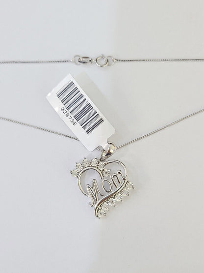 Real 10k White Gold Heart Diamond Mom Pendant Box Chain Necklace Set Women - Reva Jeweler