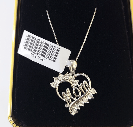 Real 10k White Gold Heart Diamond Mom Pendant Box Chain Necklace Set Women - Reva Jeweler