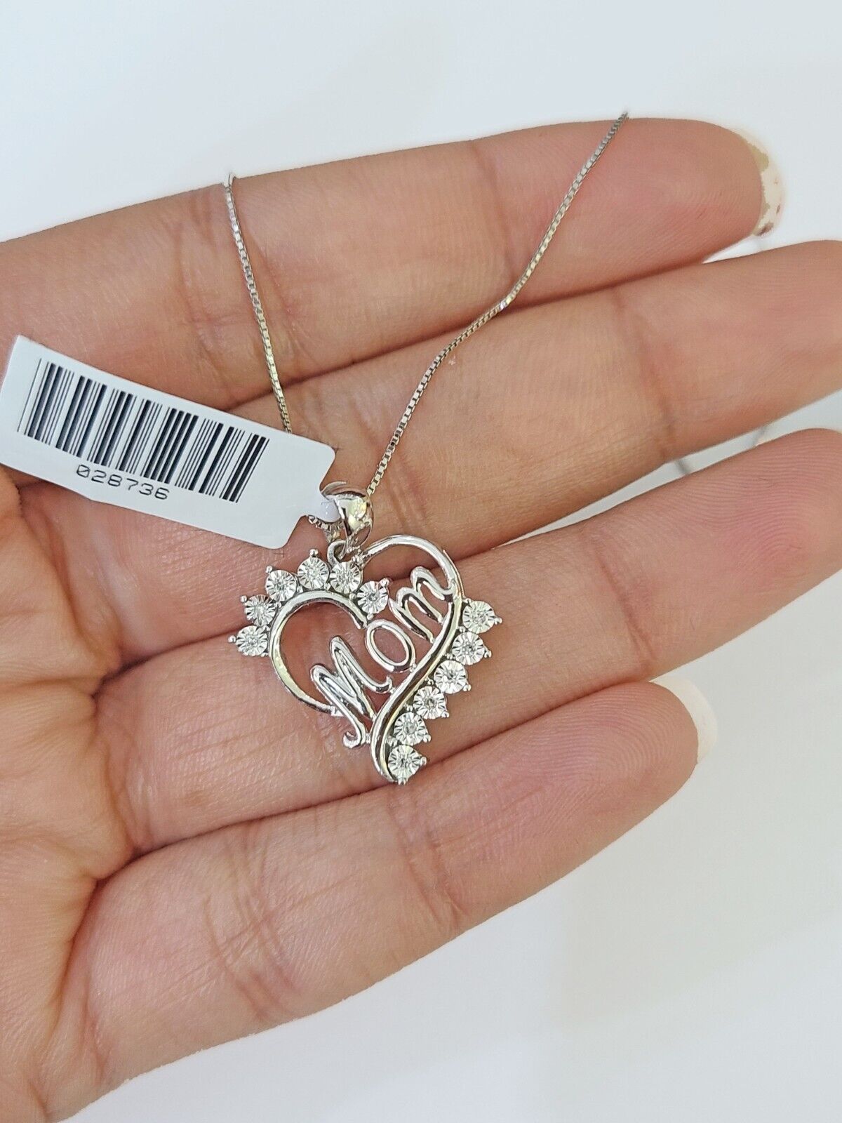 Real 10k White Gold Heart Diamond Mom Pendant Box Chain Necklace Set Women - Reva Jeweler
