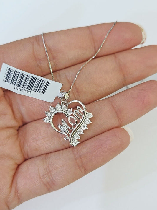 Real 10k White Gold Heart Diamond Mom Pendant Box Chain Necklace Set Women - Reva Jeweler