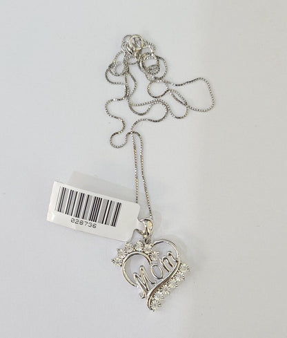 Real 10k White Gold Heart Diamond Mom Pendant Box Chain Necklace Set Women - Reva Jeweler