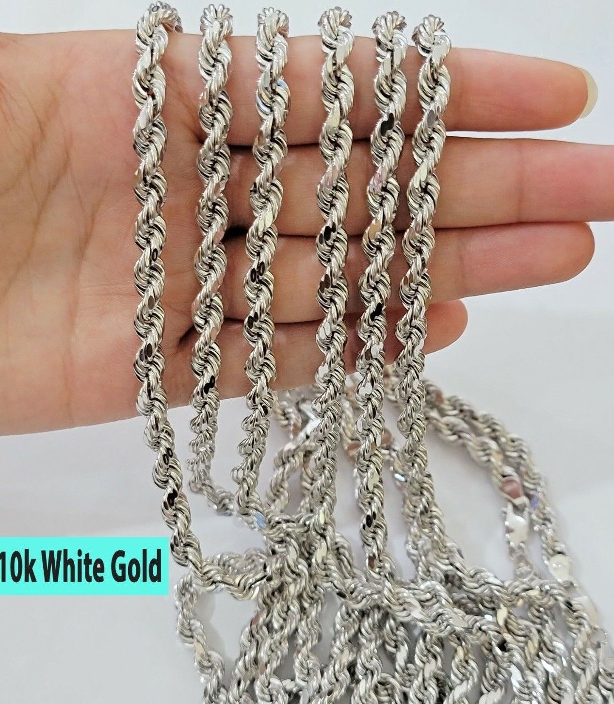 Real 10k White Gold Rope Chain Necklace 22 Inch 6mm Diamond Cuts Mens 10KT SOLID - Reva Jeweler