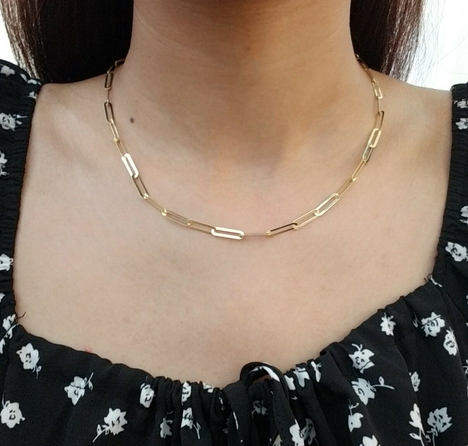 Real 10k Women Paperclip Necklace 20" 4mm lobster Clasp Yellow Gold Chain - Reva Jeweler