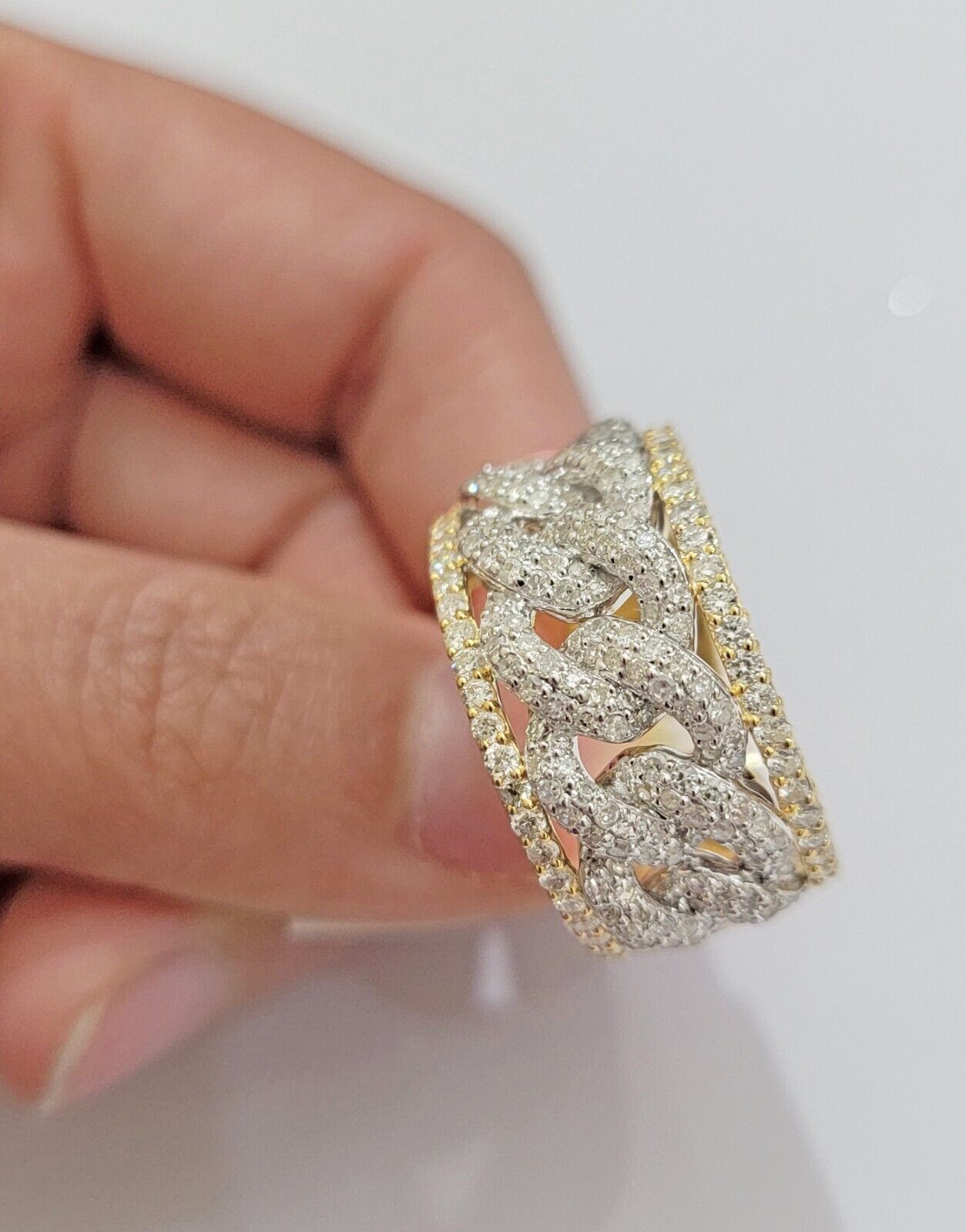 Real 10k Yellow Diamond Miami cuban Link Ring Mens Band 2.5 Ct Round Cut GENUINE - Reva Jeweler
