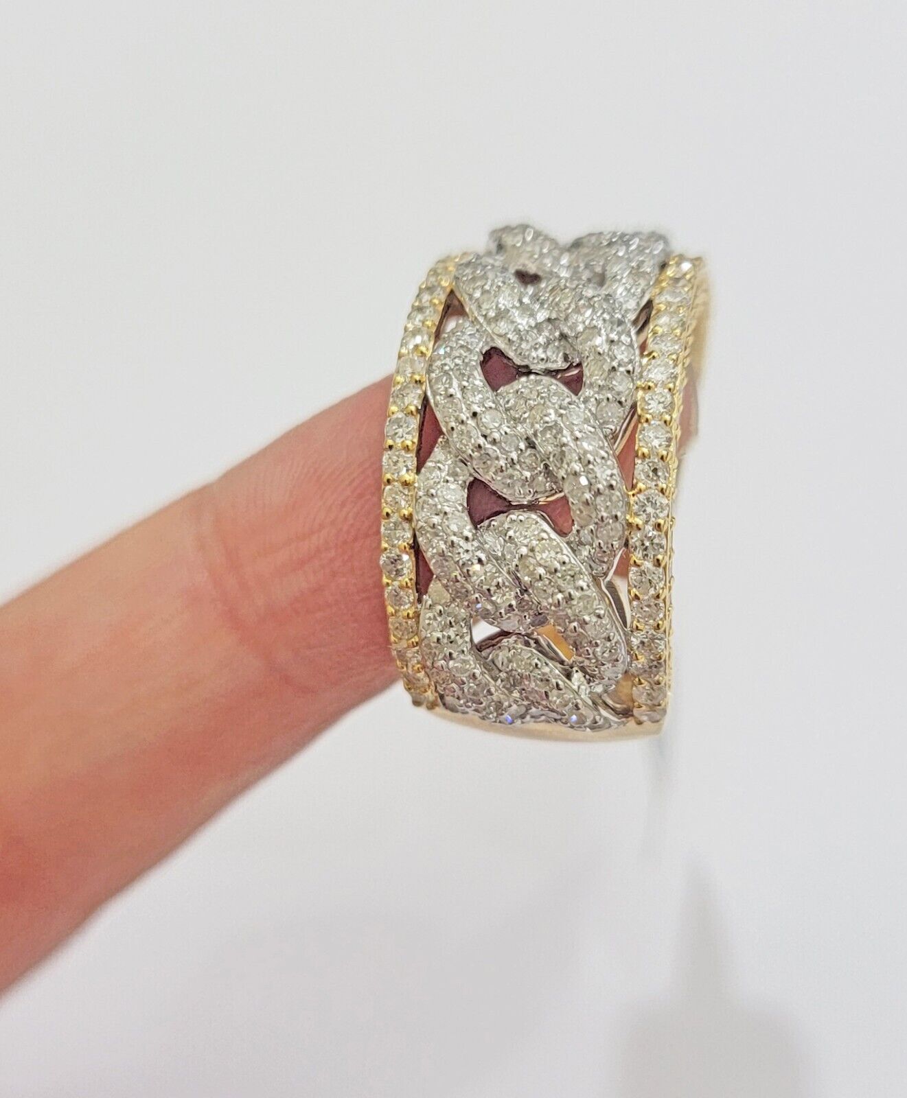 Real 10k Yellow Diamond Miami cuban Link Ring Mens Band 2.5 Ct Round Cut GENUINE - Reva Jeweler